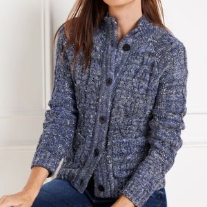 Talbots Metallic Tweed Mockneck Cardigan In Blue